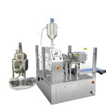 Imballaggio automatico con sigillo di riempimento sacchetto preconfezionato con riempitivo a pistone per liquido e pasta