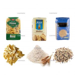 Formatore automatico di sacchi a fondo piatto, riempimento, etichettatura, confezionamento per cereali